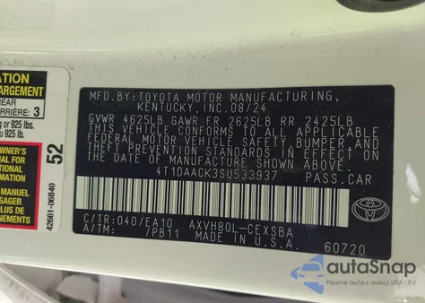 2025 Toyota Camry Se from USA, damaged, VIN 4T1DAACK3SU533937